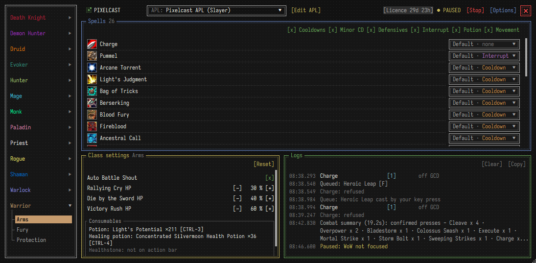 The Pixelcast window: class list, the spells of Arms Warrior with their toggles, class settings and the log